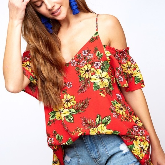 Top Cold MARIE Red Floral Print Cold Shoulder Top - Picture 4 of 5